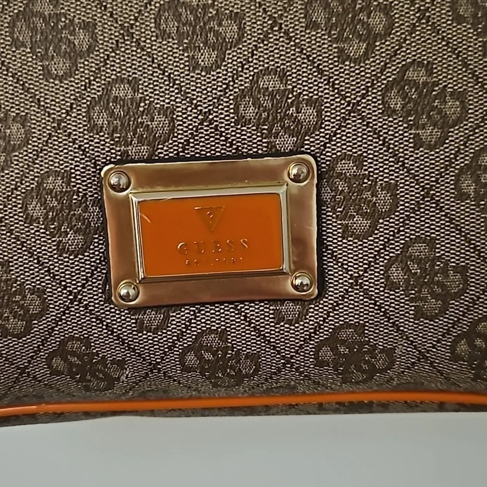 VTG GUESS 1990s Brown Orange Trim Logo Monogram Tote Bag